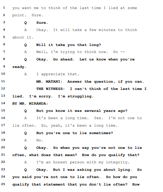 Deposition excerpt — Mineo on his honesty